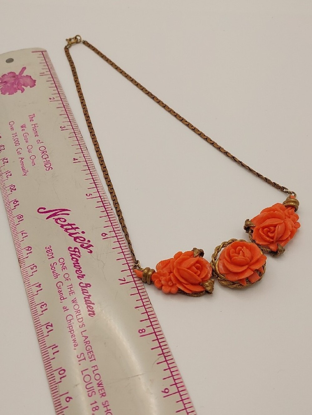 Orange/celluloid LOT vintage faux coral rose necklace, 2 Pr. Vtg Earrings Brooch - Picture 10 of 16